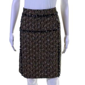Tory Burch Tweed Fringe Pencil Skirt Tan/Black Wool Blend